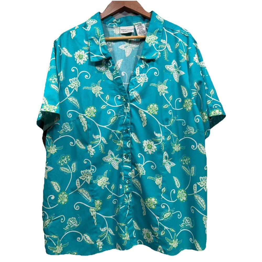 WHITE STAG Womens Size 26W/28W Button Front Collared Short Sleeves Blouse Teal